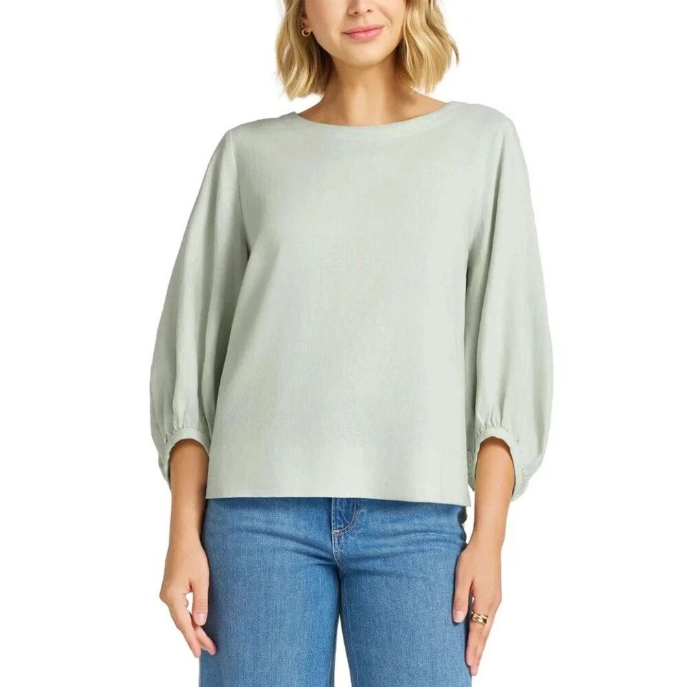 Matty M Women's Linen Blend Top Sage Green L 12 Relaxed 3/4 Sleeve Boat Neck